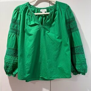 Velvet by Graham & Spencer Green Lace Sleeve Blouse Cotton XS